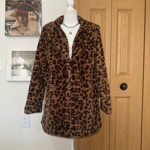 Ellie & Kate Faux Fur Coat Women’s Small Brown Leopard Print Open Front Jacket